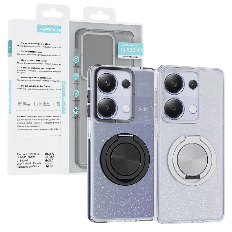 Funda Purpurina con Soporte 360 Apokin Xiaomi Redmi Note 14 Pro Plus 5G 2 Colores