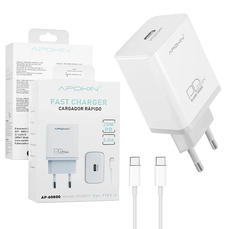 Cargador PD 25W-3.0A Cable Tipo-C APOKIN PC827Y - Blanco