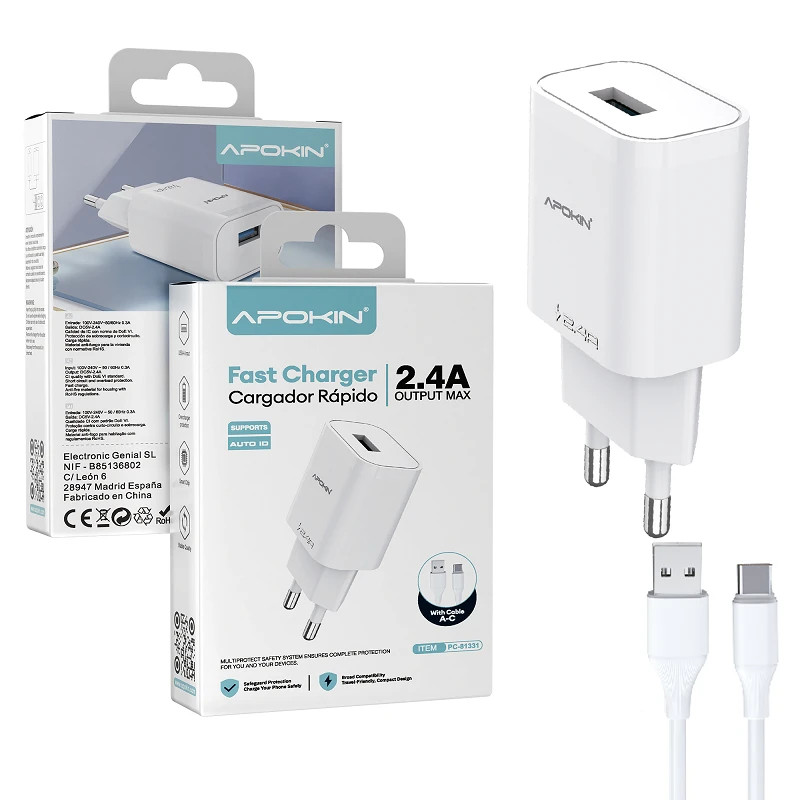 Cargador Red USB-A 18W 2.4A Cable Lightning APOKIN 81348