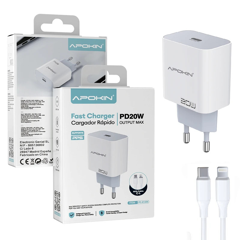 Cargador Red USB-A 20W 3.0A Cable Lightning APOKIN 81409