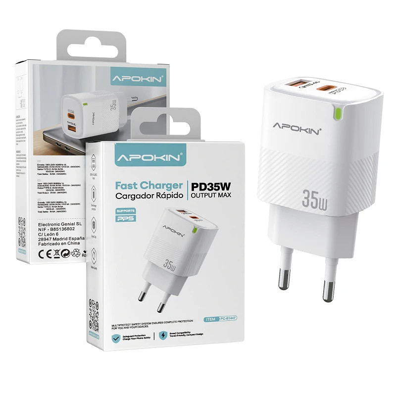 Cargador Red USB-A + Tipo C 35W 3.0A APOKIN 81447