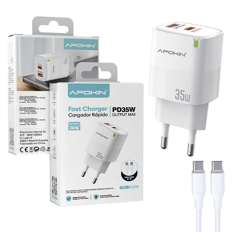 Cargador Red USB-A + Tipo C Cable Tipo-C 35W 3.0A APOKIN 81454