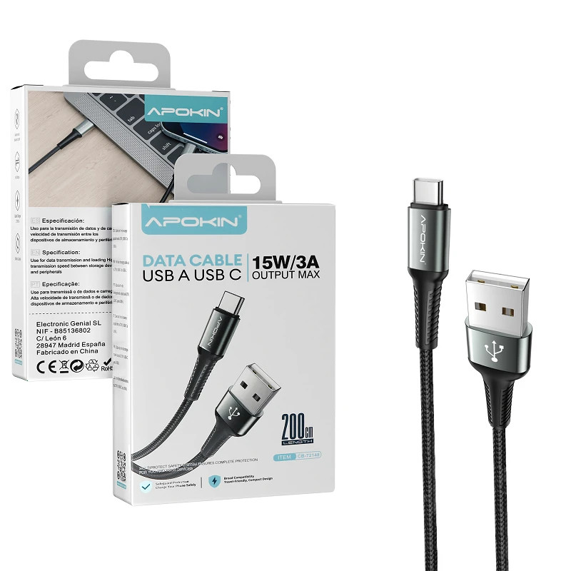 Cable USB-A a Tipo-C 2 Metros Negro Reforzado 72124