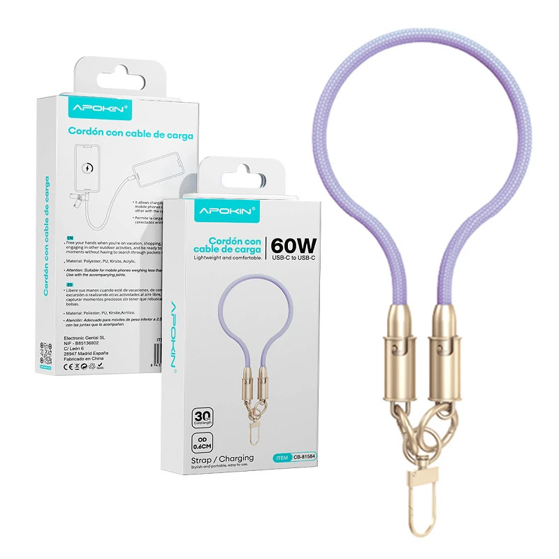Apokin Cordon-Cable 2en1 60W 30cm de Tipo- C a Tipo - Lila