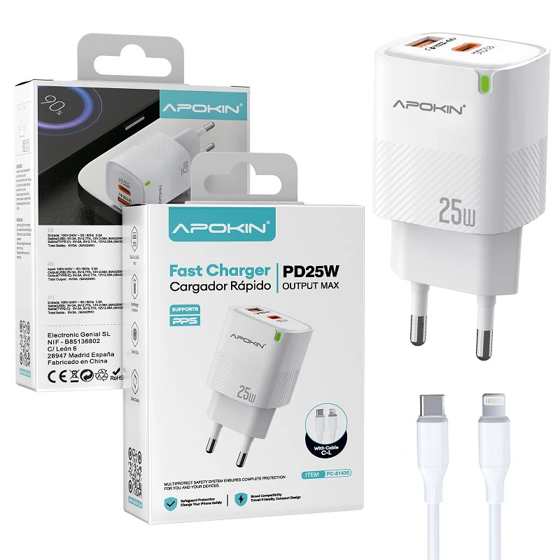 Cargador Red Tipo C + USB+A 25W 3.0A Cable Lightning APOKIN 81430
