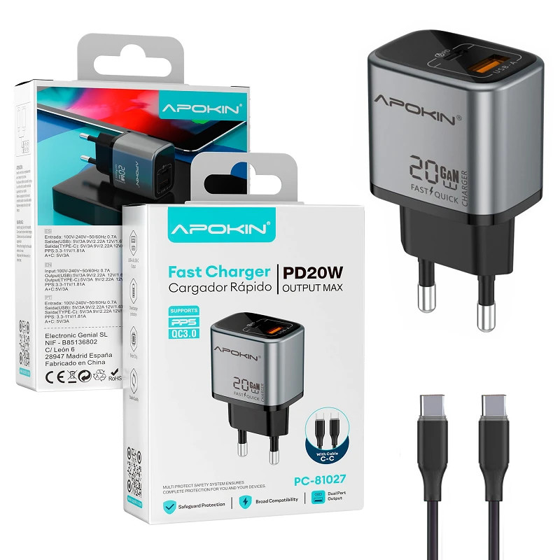 Cargador Red Tipo C + USB-A 20W 3.0A Cable Tipo-C APOKIN 81027