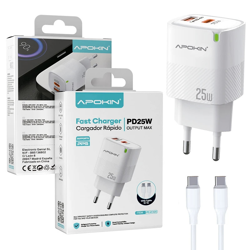 Cargador Red Tipo C + USB+A 25W 3.0A Cable Tipo-C APOKIN 81423