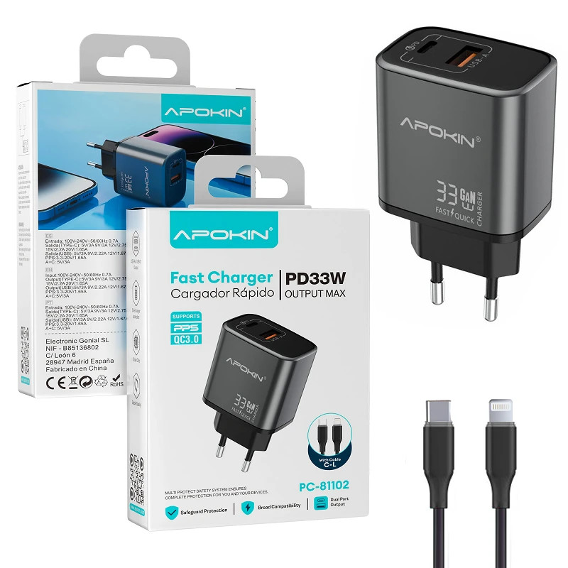 Cargador Red Tipo C + USB-A 33W APOKIN Cable Lightning 81102