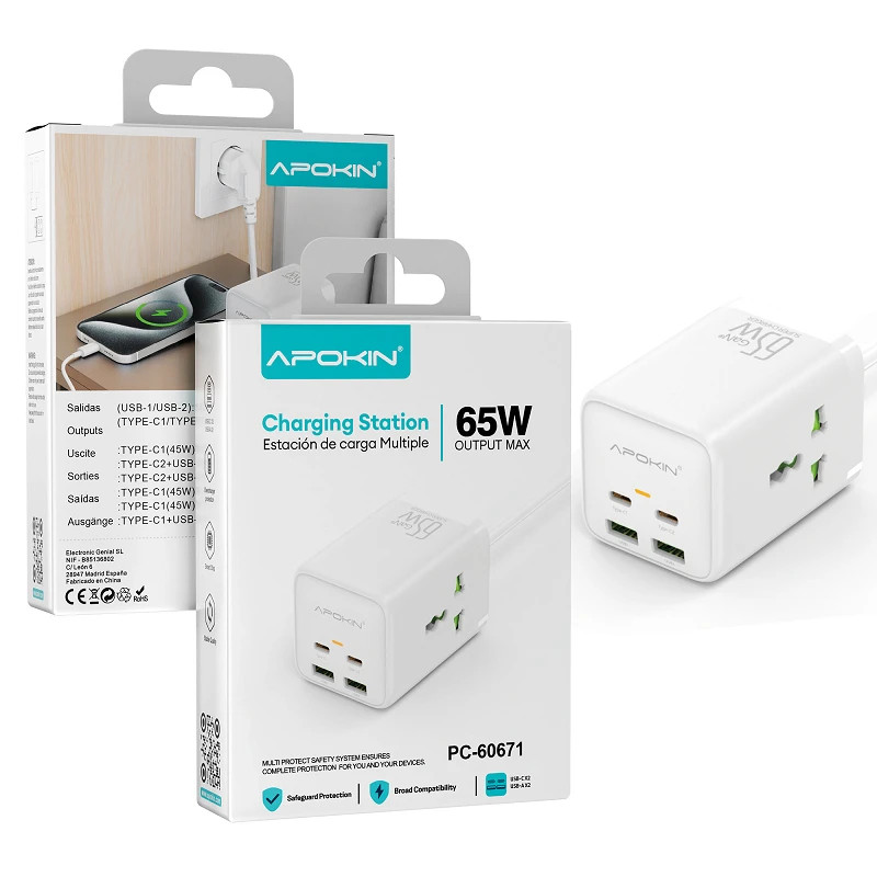 Base Múltiple 65W con 2 USB-C, 2 USB-A y Adaptador Internacional - APOKIN