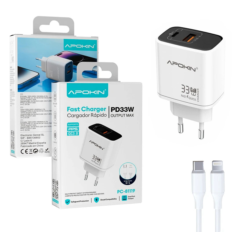 Cargador Red Tipo C + USBA 33 W 3.0A Cable Lightning APOKIN 81119