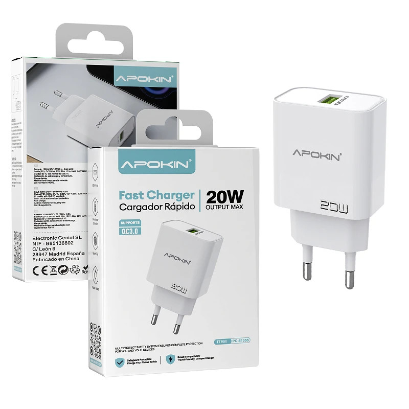 Cargador Red USB-A QC 3.0 20W APOKIN 81355