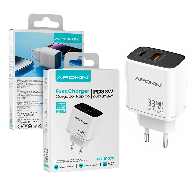 Cargador Red USB-A + Tipo-C QC 3.0 33W APOKIN 81072