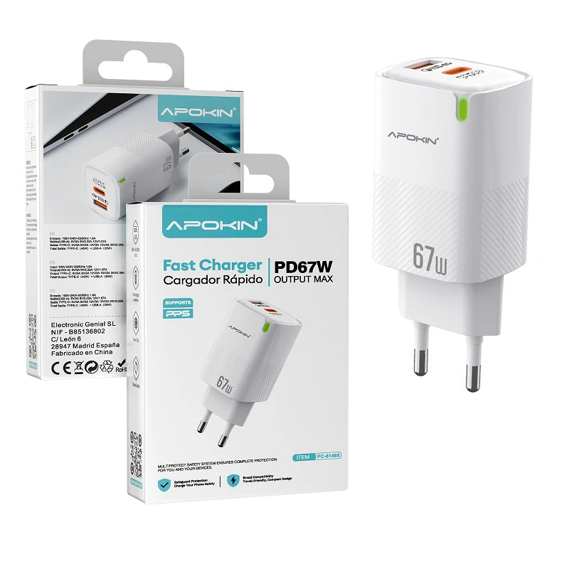 Cargador Red USB-A + Tipo-C QC 4.0 67W APOKIN 81485