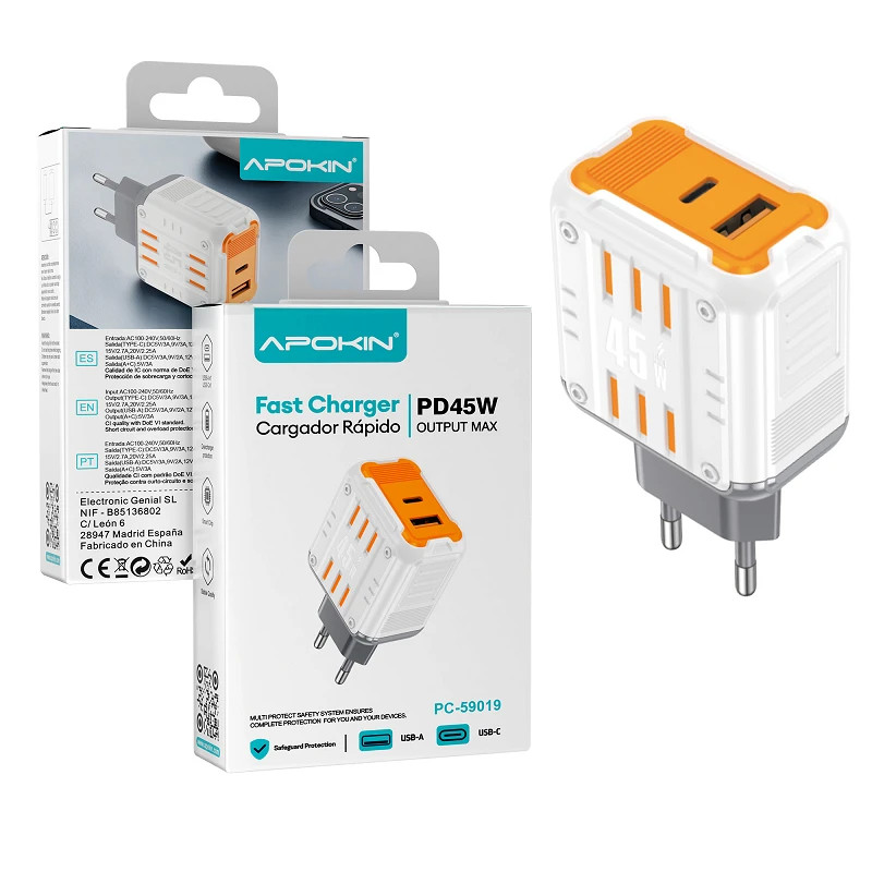 Cargador Red Tipo-C +USB QC 3.0 45W APOKIN 59019