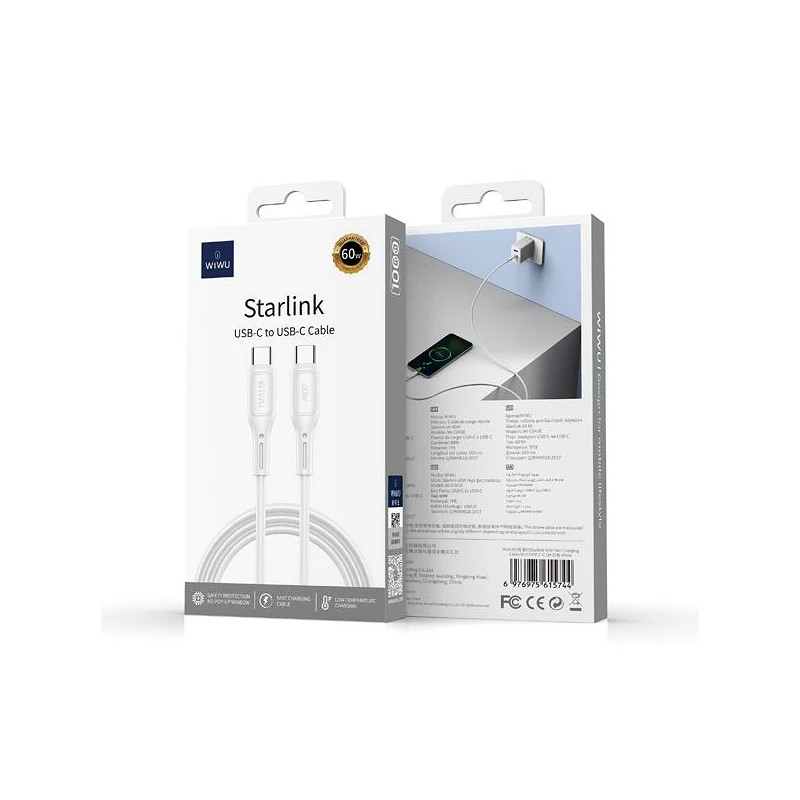 Wiwu Cable Tipo-C a Tipo-C C043E 1M Blanco 60W