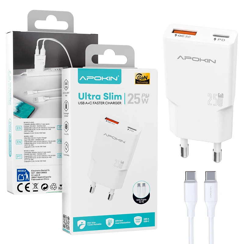 Cargador Ultra Slim 25W GaN Cable Tipo-C| Apokin 81737
