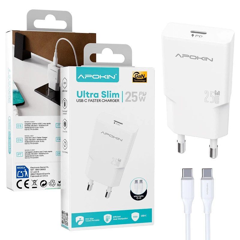 Cargador Ultra Slim 25W USB-C GaN Cable Tipo-C | Apokin PB-81720
