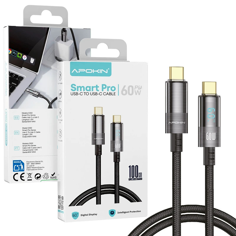 Cable USB-C a USB-C Smart Pro 60W con pantalla digital | Apokin 81805
