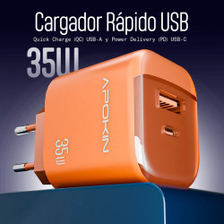 Cargador APOKIN Fast 35W USB-A + PD + Cable Tipo-C U028 Naranja