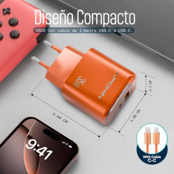 Cargador APOKIN Fast 35W USB-A + PD + Cable Tipo-C U028 Naranja