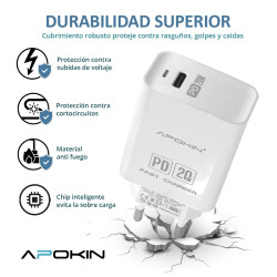 Cargador de Carga Rápida 20W 3.1 Q.C Hembra Tipo-C + Cable Lighting APOKIN - Blanco