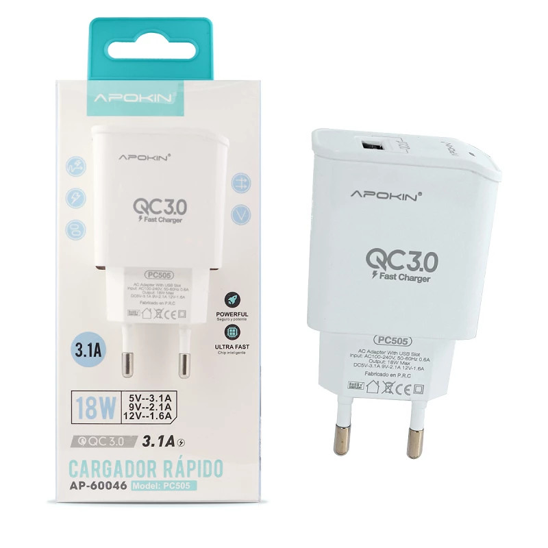 Cargador Rápido Entrada 18w 3.0 USB-A 3.1A Sin Cable APOKIN - Blanco