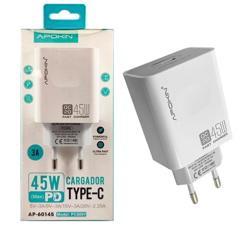 Cargador Super Charger 45w Entrada PD/QC Amperaje Variable Sin Cable APOKIN - Blanco