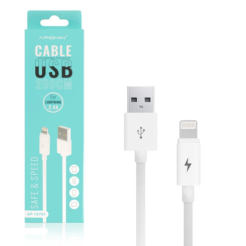 Cable de Datos y Carga 2.4A APOKIN USB 2.0 a Lightning 2m