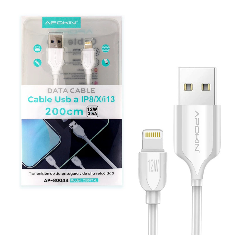 Cable de Datos y Carga Rápida 12w APOKIN USB 2.4 a Lightning 2m