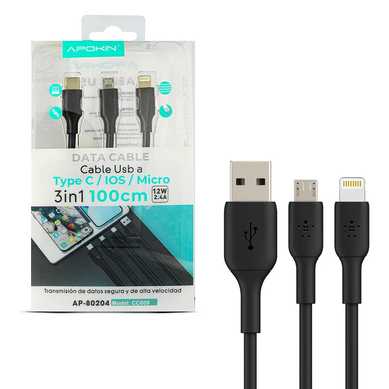 Cable de Datos y Carga 3en1 a Lightning,MicroUSB,Tipo-c 1 Metro Negro