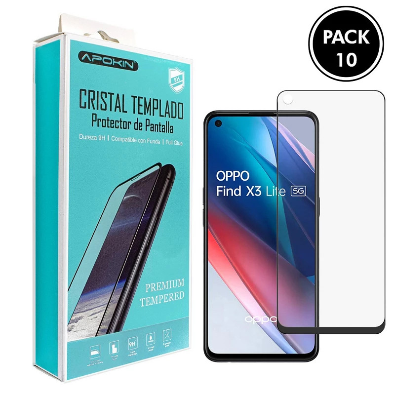 (Pack-10) Cristal templado Full Glue 9H Oppo Find X3 Lite Protector de Pantalla Curvo Negro
