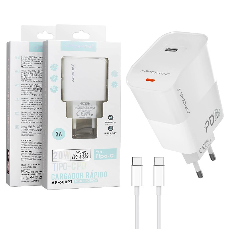 Cargador Rapido Entrada PD 20W 3.0A Tipo-C a Tipo-C APOKIN - Blanco