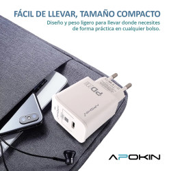 Cargador Rapido Entrada PD 20W 3.0A Tipo-C a Tipo-C APOKIN - Blanco