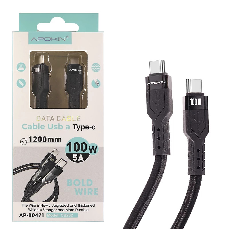 Cable Trenzado Tipo-C a Tipo-C PD 1.2 Metro 100W 5A Negro
