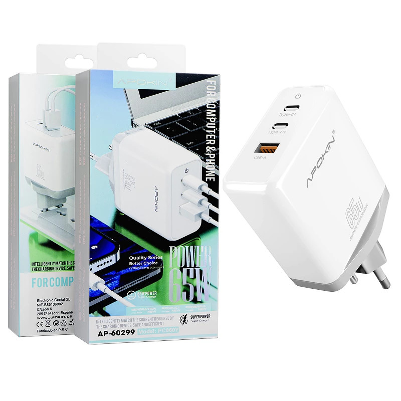 Super Cargador Ultra Rapido 65w 2 Tipo-C 1 USB Apokin PC806Y