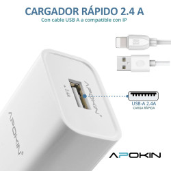 Cargador Red Entrada USB-A 2.4 A Cable Lightning APOKIN PC802L - Blanco