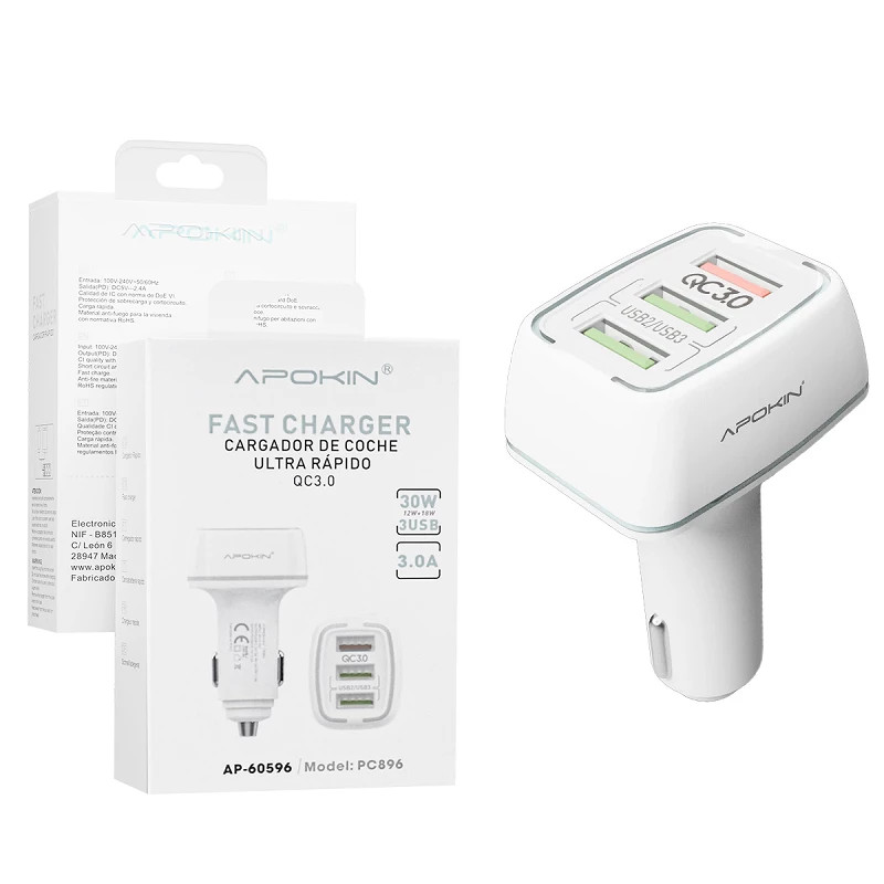 Cargador 30W Coche Triple Salida USB 3.0 Sin Cable PC-896