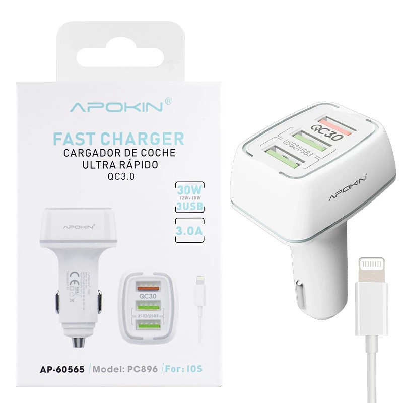 Cargador 30W Coche Triple Salida USB 3.0 Cable Lightning PC-896
