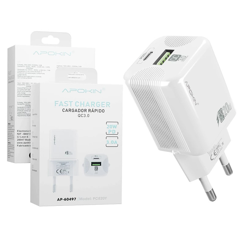 Cargador Doble USB-A+PD 20W-3.0A Sin Cable APOKIN PC820Y - Blanco