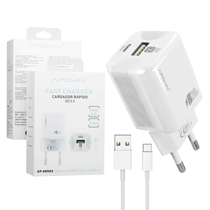 Cargador Doble USB-A+PD 20W-3.0A Cable Tipo-C APOKIN PC820Y - Blanco
