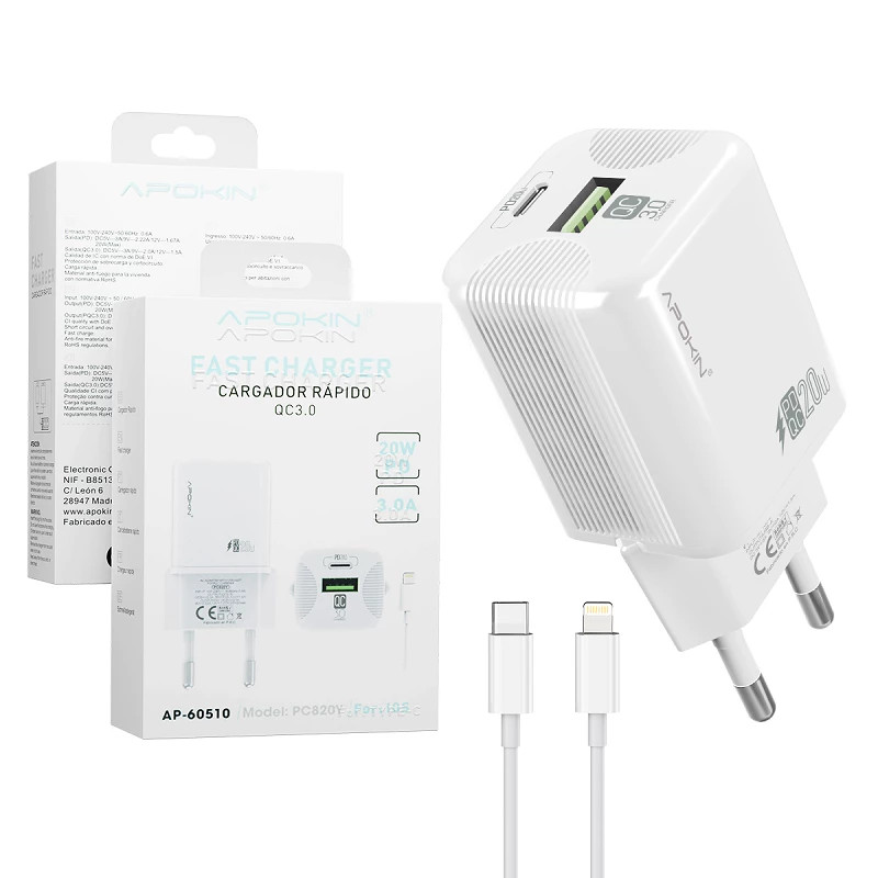 Cargador Doble USB-A+PD 20W-3.0A Cable Lightning APOKIN PC820Y - Blanco