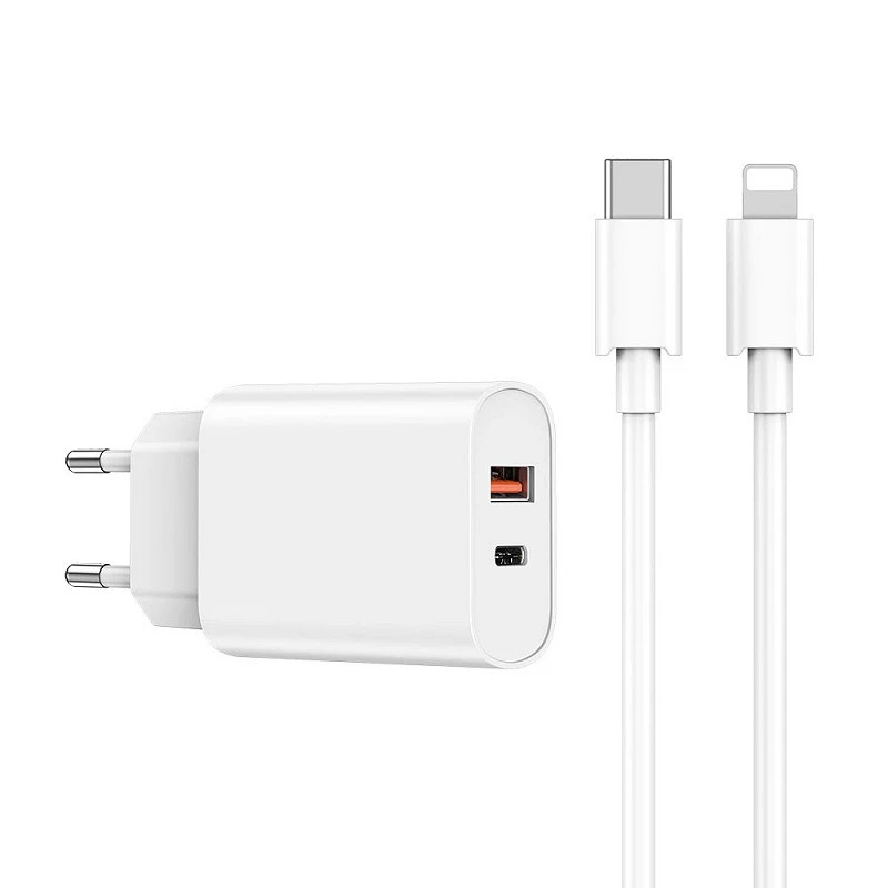 WIWU Cargador Quick PD Tipo-C + USB A Con Cable Lightning 3A 20W U0002 Blanco