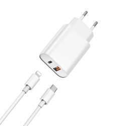 WIWU Cargador Quick PD Tipo-C + USB A Con Cable Lightning 3A 20W U0002 Blanco