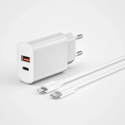 WIWU Cargador Quick PD Tipo-C + USB A Con Cable Lightning 3A 20W U0002 Blanco