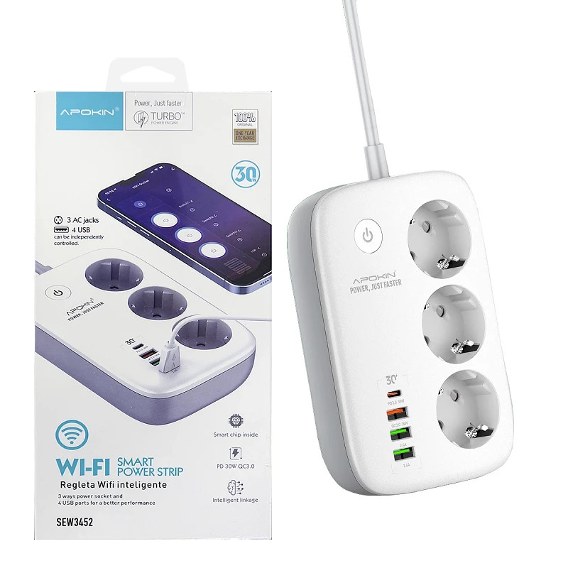 Regleta Inteligente WI-FI 3 Enchufes 2500W y 4 Tomas USB