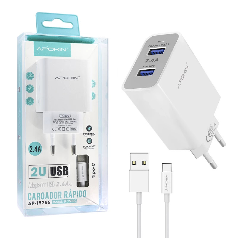 Caja 100 uds Cargador Red Entrada Doble USB-A 2.4A Cable Tipo-C APOKIN - Blanco