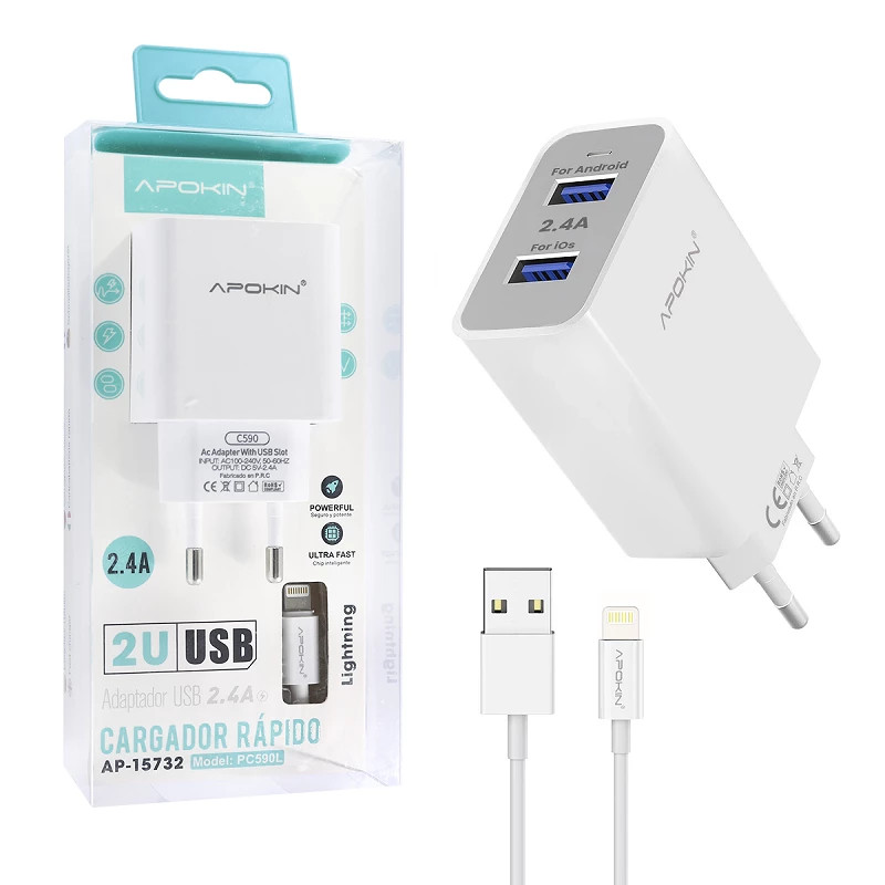 Caja 100 Cargador Red Entrada Doble USB-A 2.4A Cable Lightning APOKIN - Blanco