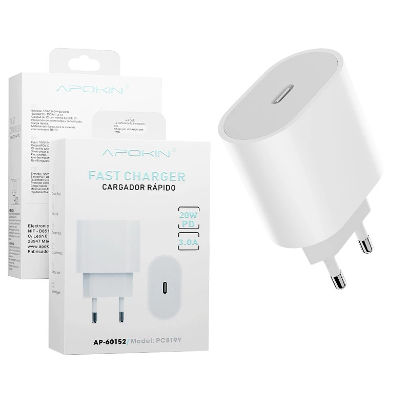 Cargador Rapido Entrada PD 20w 3.0A Sin Cable APOKIN Oval- Blanco