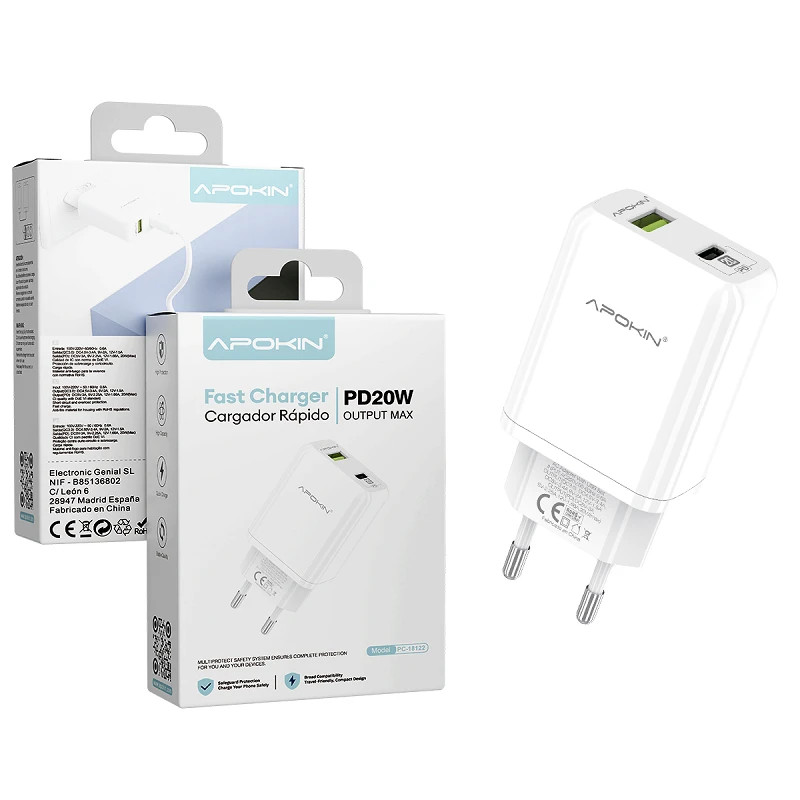 Cargador Rapido 20w PDTipoC+USB3.1 5.2A APOKIN sin Cable Blanco