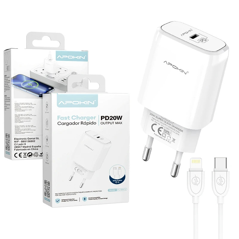 Cargador USB-C 20W/3.0A Cable Lightning APOKIN PC915Y - Blanco